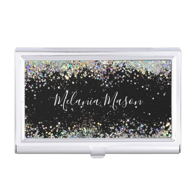 Elegant Holographic Glitter Makeup Artist Black Bu Business Card Case (Front)