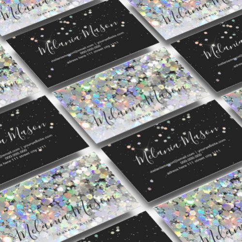 Elegant Holographic Glitter Makeup Artist Black Business Card