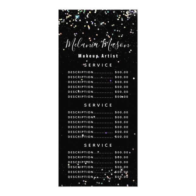 Elegant Holographic Glitter Makeup Artist Black Ra Rack Card (Front)