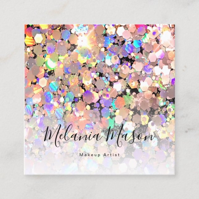 Elegant Holographic Glitter Makeup Artist Black Square Business Card (Front)