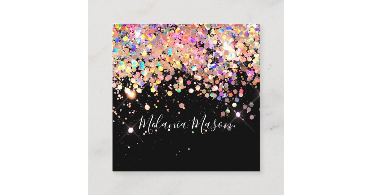 Elegant Holographic Glitter Makeup Artist Black Square Business Card