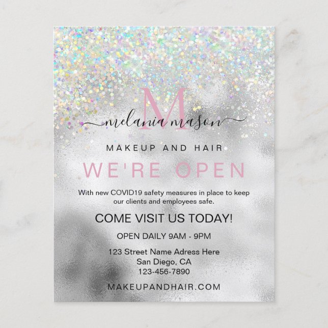 Elegant Holographic Glitter Makeup Artist Silver Flyer (Front)