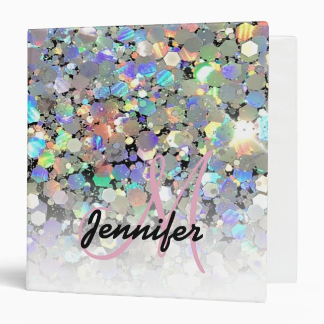 Elegant Holographic Glitter Monogram Name Black 3 Ring Binder (Front/Inside)