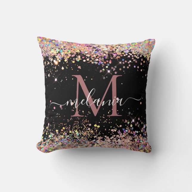 Elegant Holographic Glitter Monogram Name Black  Throw Pillow (Front)