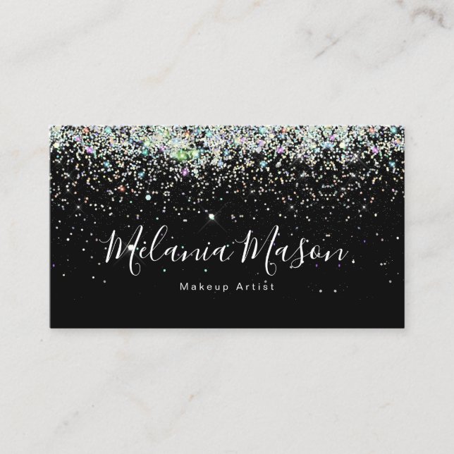 Elegant Holographic Glitter Nail Artist Black Business Card (Front)
