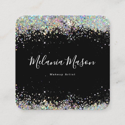 Elegant Holographic Glitter Nail Artist Black  Square Business Card