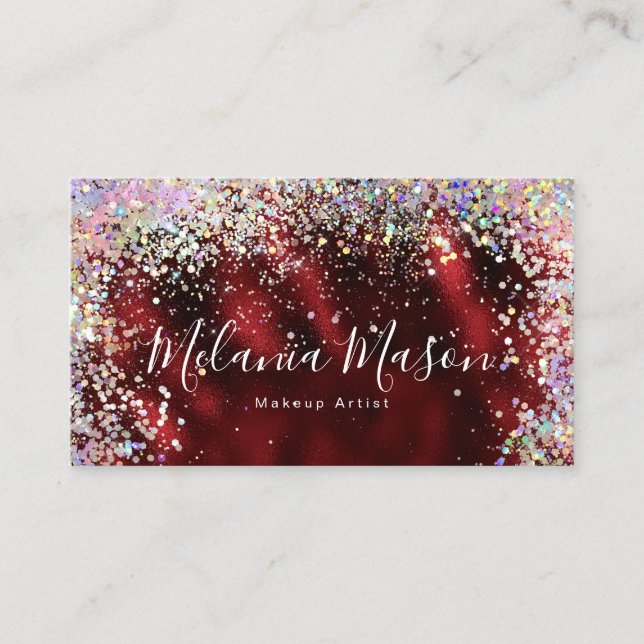 Elegant Holographic Glitter Nail Artist Burgundy Business Card (Front)
