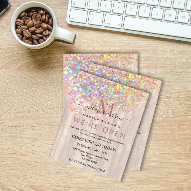 Elegant Holographic Glitter Pearl We're Open Salon Flyer (Creator Uploaded)