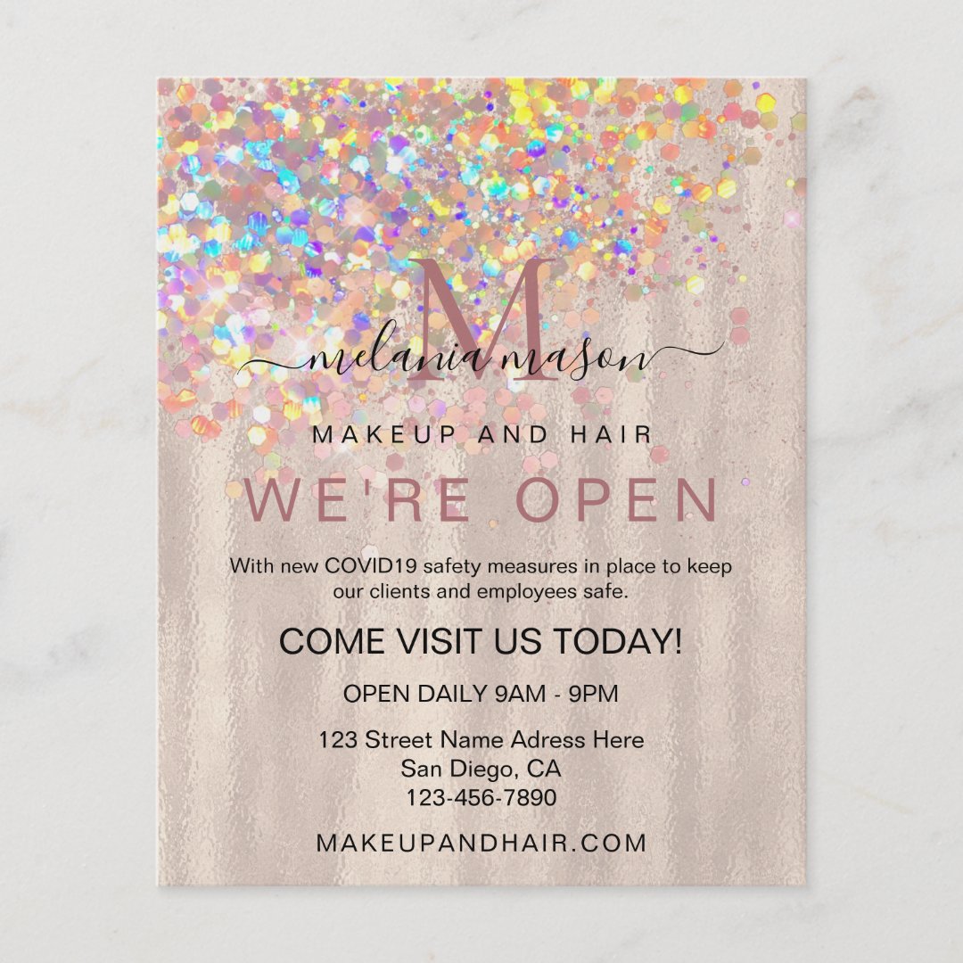 Elegant Holographic Glitter Pearl We're Open Salon Flyer Zazzle