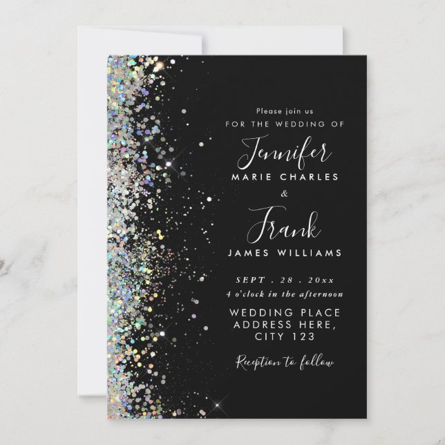 Elegant Holographic Glitter Sparkles Black Wedding Invitation (Front)