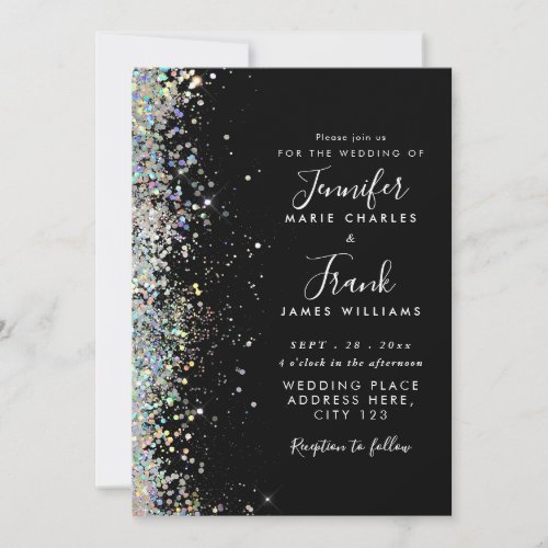 Elegant Holographic Glitter Sparkles Black Wedding Invitation