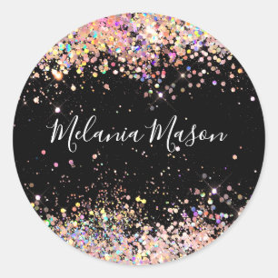 Elegant Holographic Glitter Stylish Name Black Classic Round Sticker