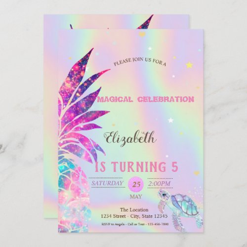 Elegant Holographic Glitter Turtle Pineapple Invitation