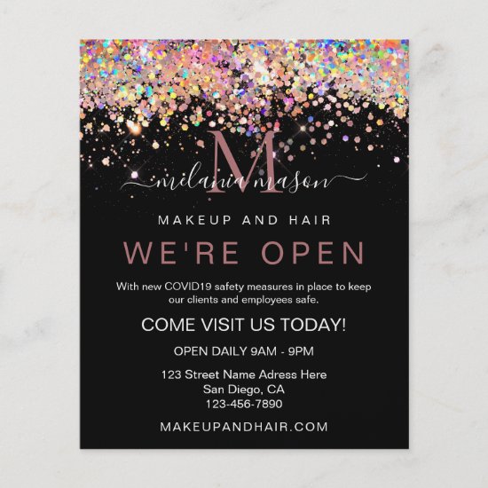 Elegant Holographic Glitter We're Open Salon Black Flyer