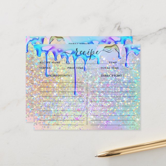 Elegant Holographic Gold Glitter Drips Recipe Card (Front/Back In Situ)