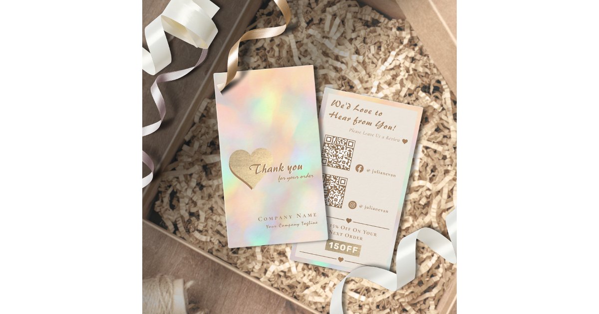 Elegant Holographic Gold Heart QR Code Thank you Business Card | Zazzle