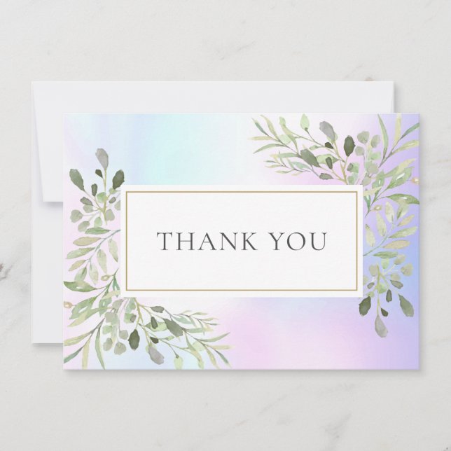 Elegant Holographic Greenery Leaves Thank You (Front)