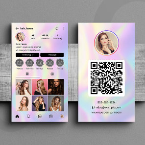 Elegant Holographic Hair Stylist Instagram QR Code Business Card