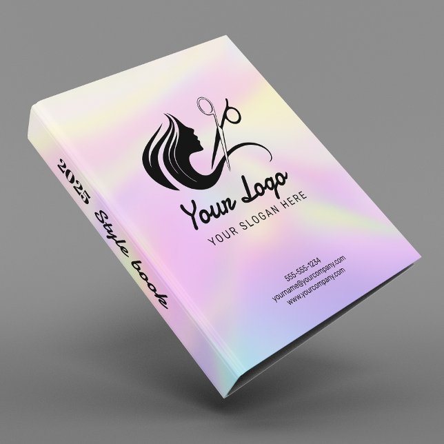 Elegant Holographic Hairstylist Logo & Qr Code 3 Ring Binder (Creator Uploaded)
