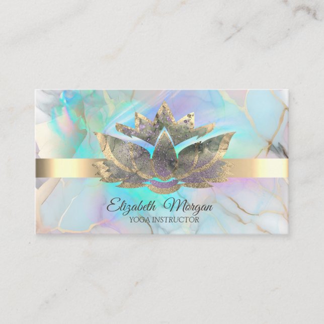 Elegant Holographic Ink Lotus Opal Stone Business Card (Front)