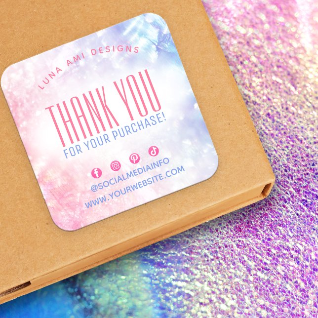 Elegant Holographic Iridescent Thank You Order Square Sticker (Creator Uploaded)