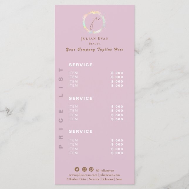 Elegant Holographic Monogram Pink Price List Menu (Front)