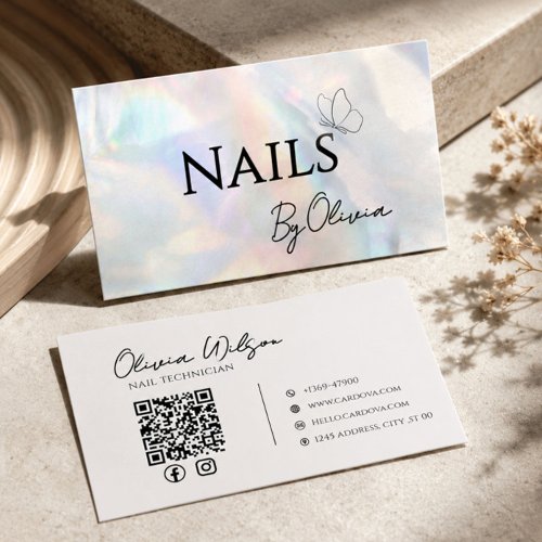Elegant Holographic Nail Technician Business Card