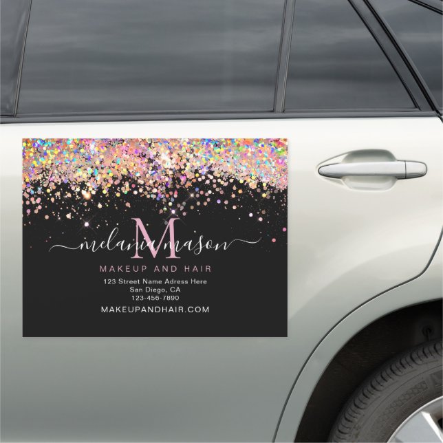 Elegant Holographic Pink Glitter Stylish Black Car Magnet (In Situ)