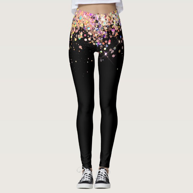 Elegant Holographic Rose Gold Glitter Black Leggings (Front)