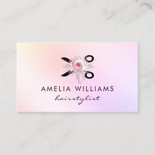 Elegant holographic scissors floral hairstylist business card