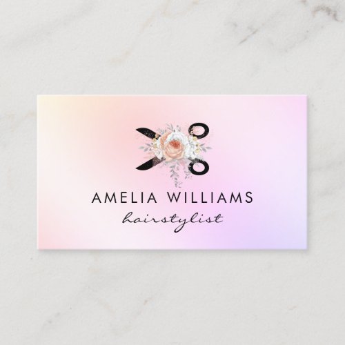 Elegant holographic scissors floral hairstylist business card