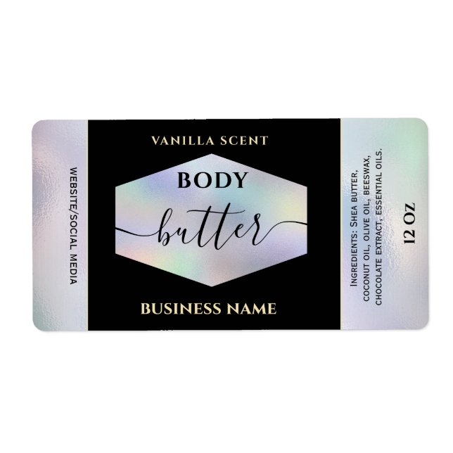 elegant holographic script body butter label (Front)