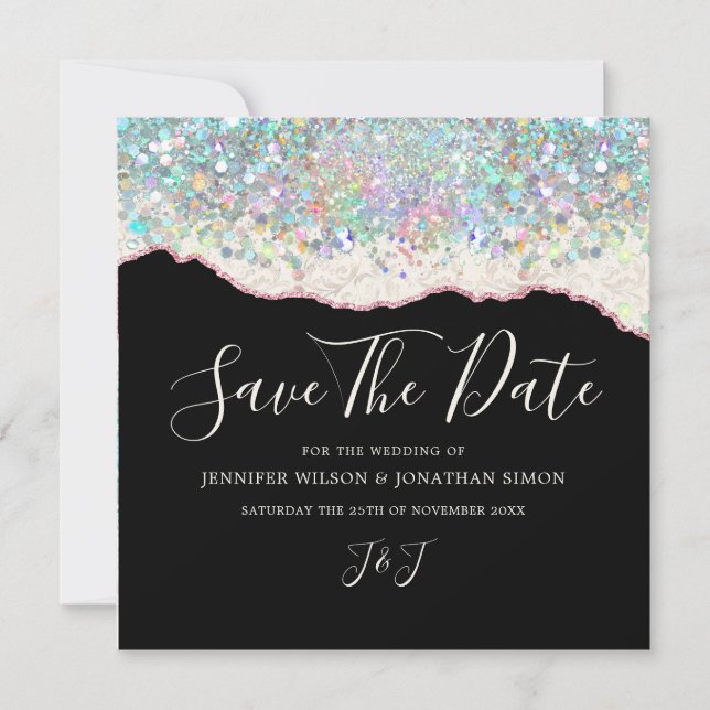 Elegant Holographic Sparkly Glitter Black Ivory Save The Date (Front)
