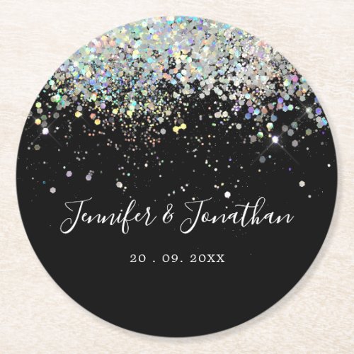 Elegant Holographic Sparkly Glitter Black Modern S Round Paper Coaster