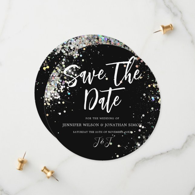 Elegant Holographic Sparkly Glitter Black Modern Save The Date (Front/Back In Situ)