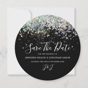 Elegant Holographic Sparkly Glitter Black Modern Save The Date