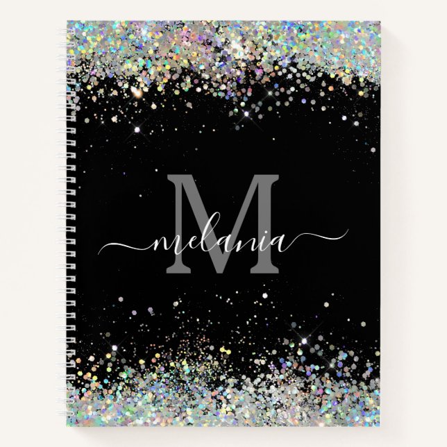Elegant Holographic Sparkly Glitter Black Monogram Notebook (Front)