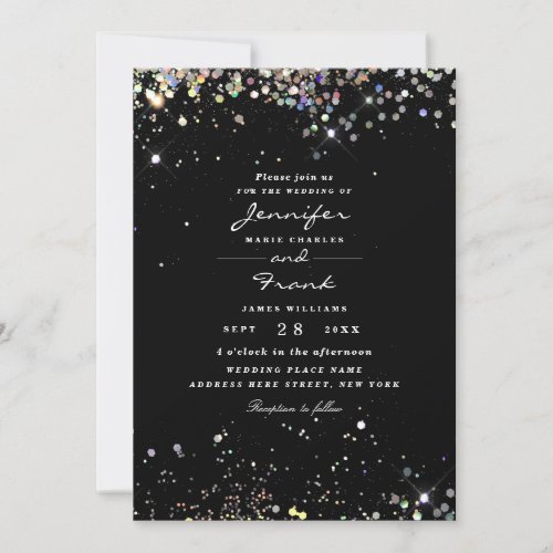 Elegant Holographic Sparkly Glitter Black Wedding Invitation