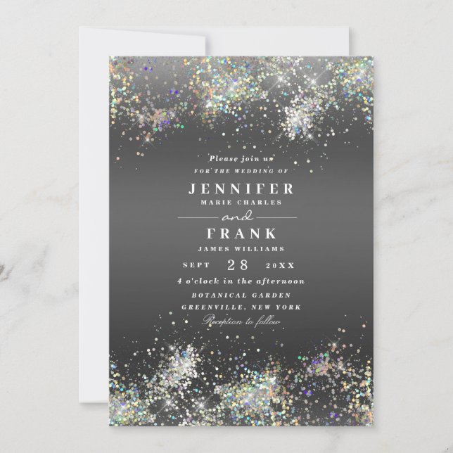 Elegant Holographic Sparkly Glitter Metallic Black Invitation (Front)
