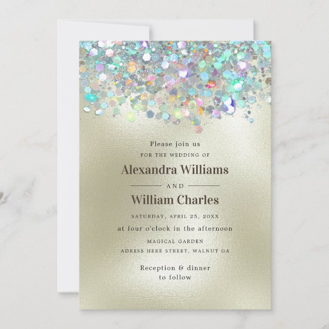 Elegant Holographic Sparkly Glitter Modern Gold Invitation (Front)