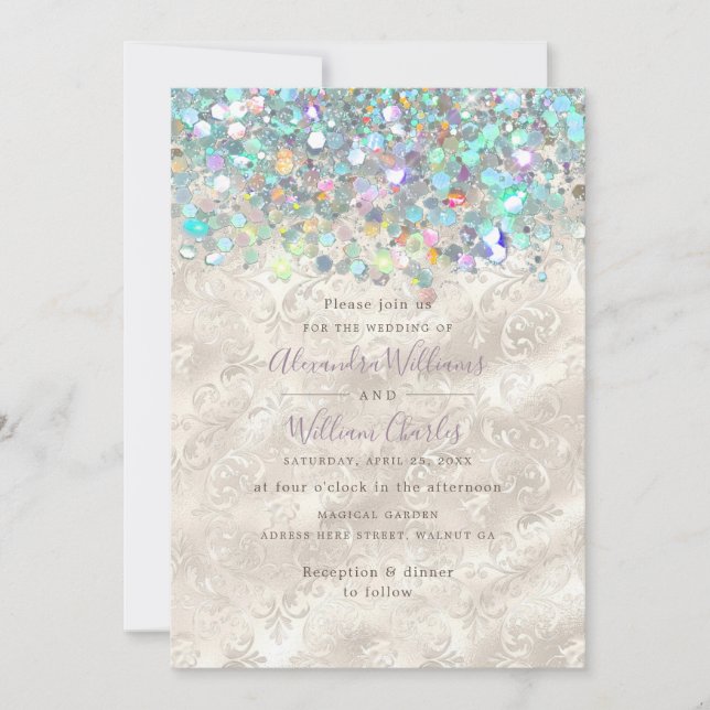 Elegant Holographic Sparkly Glitter Modern Ivory Invitation (Front)