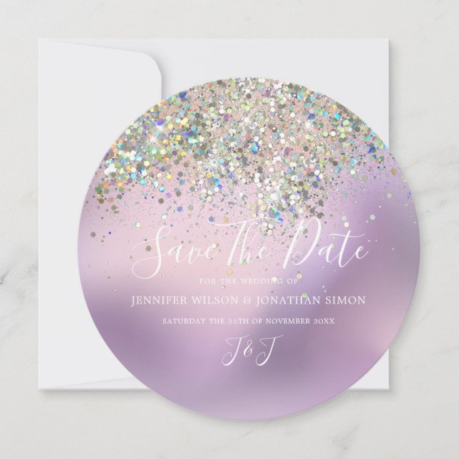Elegant Holographic Sparkly Glitter Modern Pastel Save The Date (Front)
