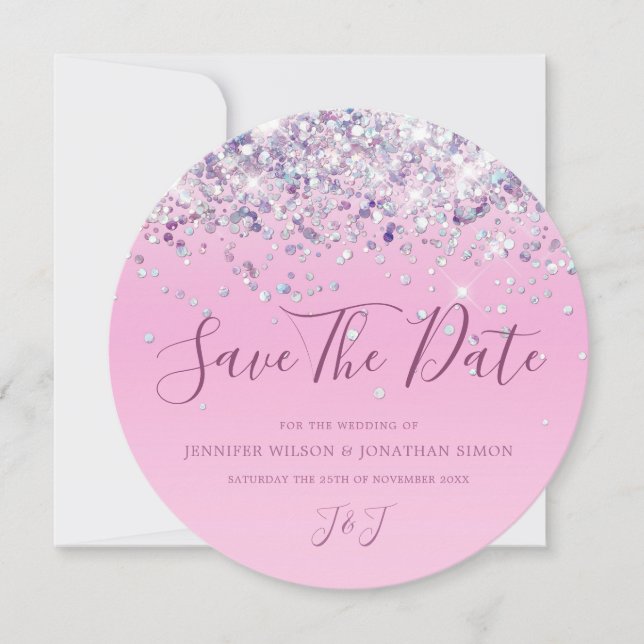 Elegant Holographic Sparkly Glitter Modern Pink Save The Date (Front)