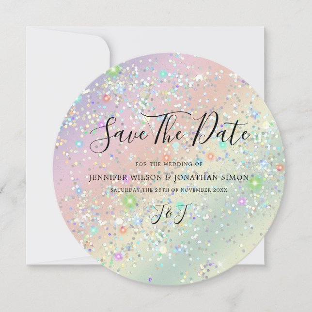 Elegant Holographic Sparkly Glitter Pastel Modern Save The Date (Front)