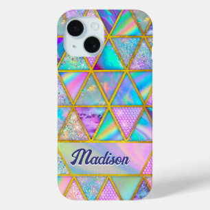 Elegant holographic trendy faux gold geometric iPhone 15 case