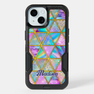 Elegant holographic trendy faux gold geometric iPhone 15 case
