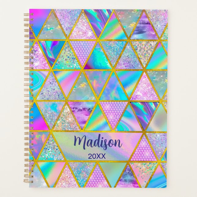 Elegant holographic trendy faux gold geometric  planner (Front)