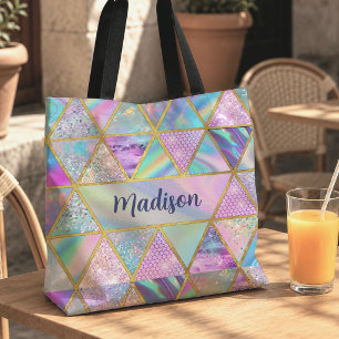 Elegant holographic trendy faux gold geometric  tote bag