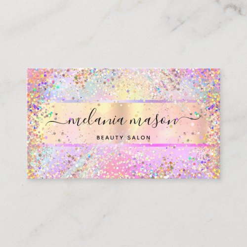 Elegant Holographic Unicorn Confetti Glitter Gold Business Card