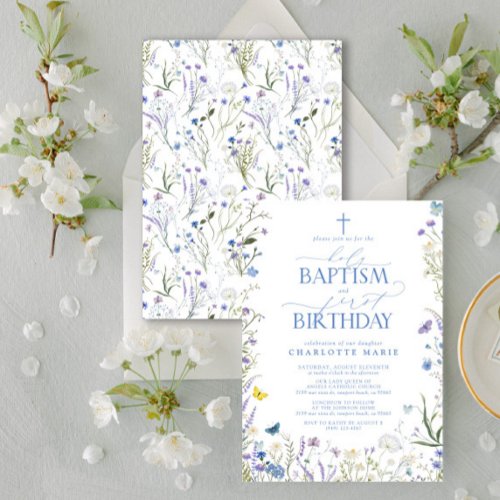 Elegant Holy Baptism  1st Birthday Blue Flowers Invitation